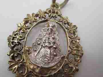 Virgin of Hope openwork medal. Sterling silver & vermeil. Vegetable edge. Ring. 1960's
