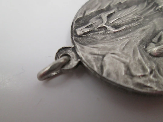 Virgin of Lourdes medal. Sterling silver. High relief. Escudero artist. 1950's. Europe