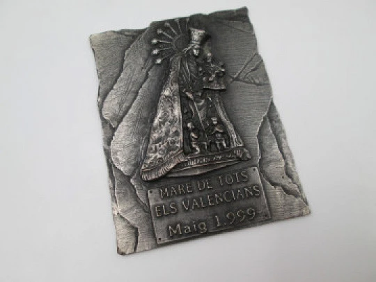 Virgin of the Forsaken religious square plaque. Silver plated metal. High relief. 1999. Spain