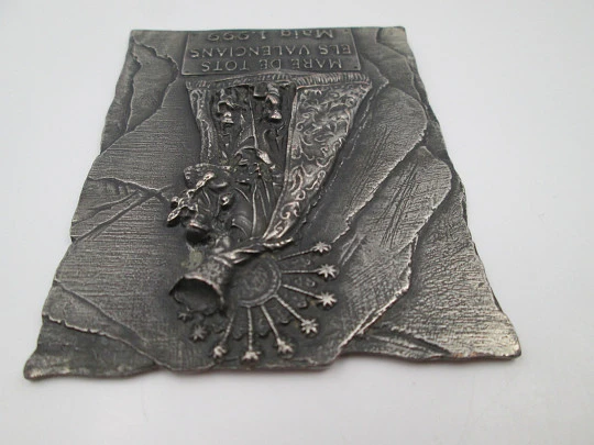 Virgin of the Forsaken religious square plaque. Silver plated metal. High relief. 1999. Spain