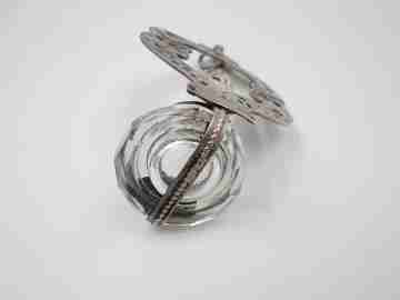 Virgin praying holy water font. Silver plated & cut crystal. Floral motifs. Spain. 1940's