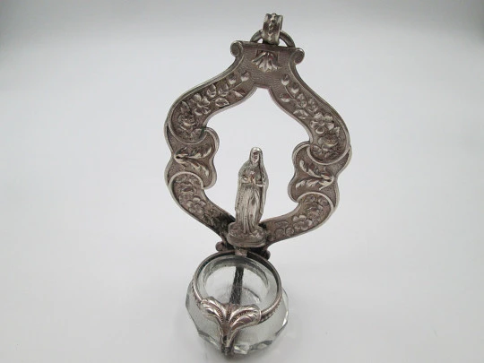 Virgin praying holy water font. Silver plated & cut crystal. Floral motifs. Spain. 1940's