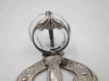 Virgin praying holy water font. Silver plated & cut crystal. Floral motifs. Spain. 1940's
