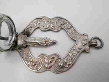 Virgin praying holy water font. Silver plated & cut crystal. Floral motifs. Spain. 1940's