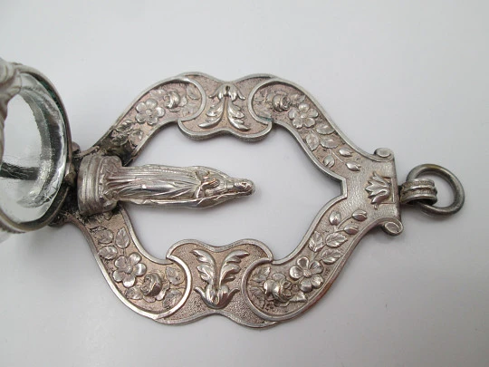 Virgin praying holy water font. Silver plated & cut crystal. Floral motifs. Spain. 1940's