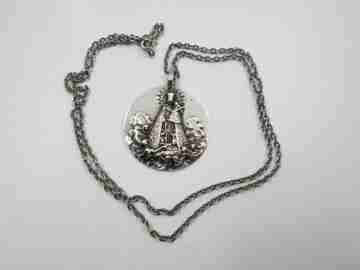 Virgin with Child medal. Link chain. Sterling silver. Cherubs cloud. Spain. 1940's