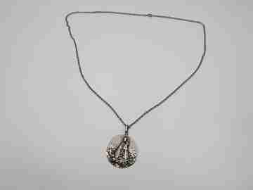 Virgin with Child medal. Link chain. Sterling silver. Cherubs cloud. Spain. 1940's