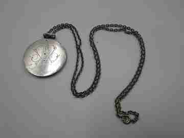 Virgin with Child medal. Link chain. Sterling silver. Cherubs cloud. Spain. 1940's