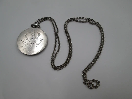 Virgin with Child medal. Link chain. Sterling silver. Cherubs cloud. Spain. 1940's