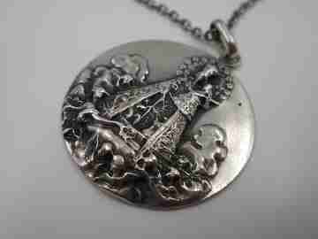 Virgin with Child medal. Link chain. Sterling silver. Cherubs cloud. Spain. 1940's