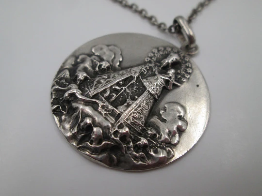 Virgin with Child medal. Link chain. Sterling silver. Cherubs cloud. Spain. 1940's