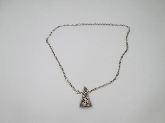 Virgin with Child sterling silver religious medal with open links chain. Spain. 1950's