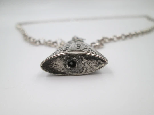 Virgin with Child sterling silver religious medal with open links chain. Spain. 1950's