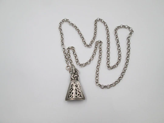 Virgin with Child sterling silver religious medal with open links chain. Spain. 1950's