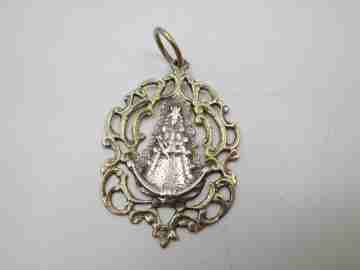 Virgin with crosier openwork medal. Sterling silver & vermeil. Vegetable edge. Ring. 1960's