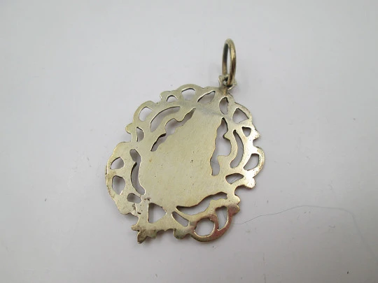 Virgin with crosier openwork medal. Sterling silver & vermeil. Vegetable edge. Ring. 1960's