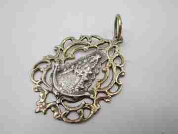 Virgin with crosier openwork medal. Sterling silver & vermeil. Vegetable edge. Ring. 1960's