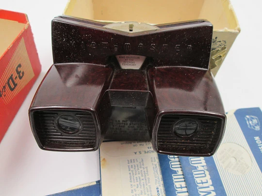 Visor 3D View Master. Baquelita granate. Sawyer's. Caja e imágenes. Bélgica. 1950