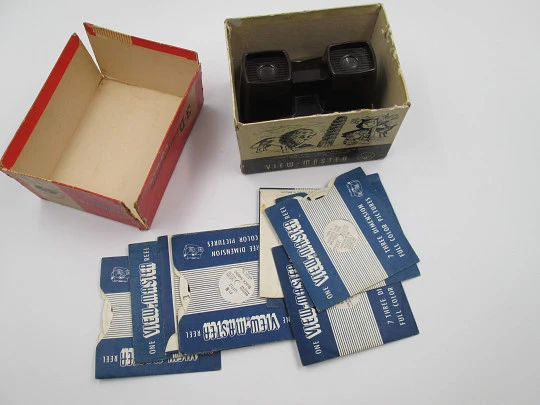 Visor 3D View Master. Baquelita granate. Sawyer's. Caja e imágenes. Bélgica. 1950