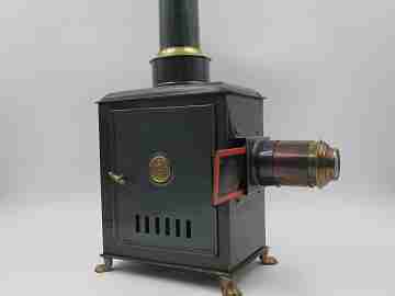 VSV big magic lantern. Blued tinplate and brass. Europe. German burner. 1890's