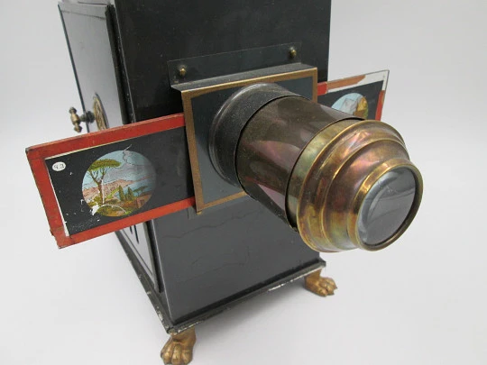 VSV big magic lantern. Blued tinplate and brass. Europe. German burner. 1890's