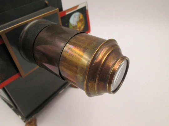 VSV big magic lantern. Blued tinplate and brass. Europe. German burner. 1890's