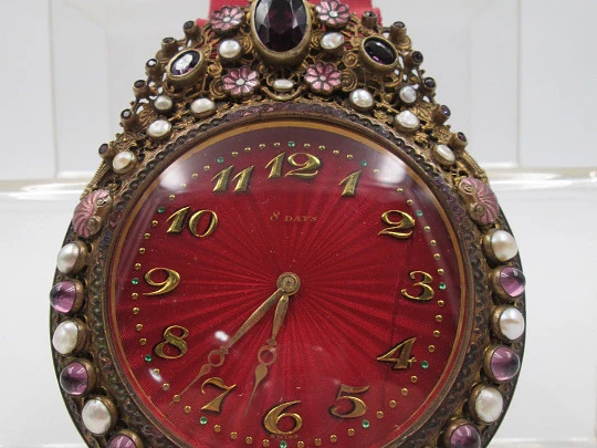 Wall clock Schild & Co. Bronze, amethysts, pearls and enamels. 1900's