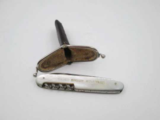 Walter Busch Solingen pocket knife. Mother of pearl and steel. Leather pouch. Germany