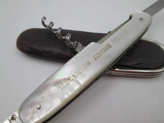 Walter Busch Solingen pocket knife. Mother of pearl and steel. Leather pouch. Germany