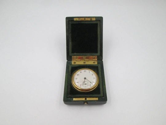 Waterbury Company wind-up travel desk clock. Gold plated. Wood box. 1920's. USA