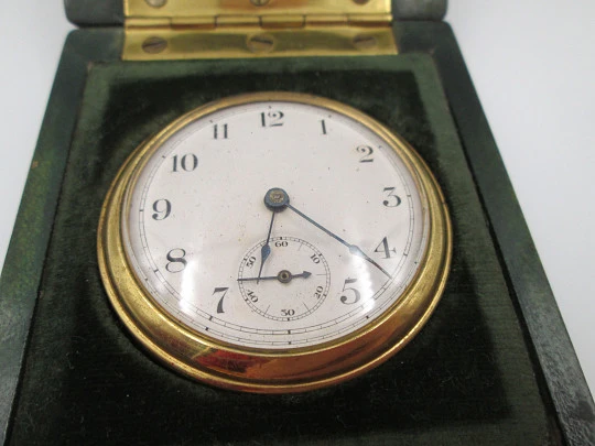Waterbury Company wind-up travel desk clock. Gold plated. Wood box. 1920's. USA Waterbury Company wind-up travel desk clock. Gold plated. Wood box. 1920's. USA
