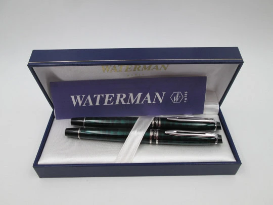 Waterman Expert 2 writing set. Fountain pen and ballpoint. Marble lacquer and silver plated