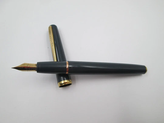 Waterman's Jif-Matic. Grey plastic & gold plated. 14k nib. Black pouch. 1960's