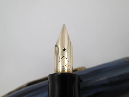 Waterman's Skywriter. Marble celluloid & gold plated details. Lever filler. 14k nib. Canada