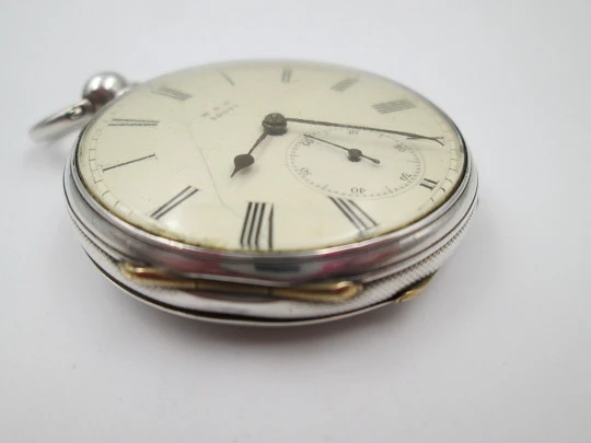 W&H open-faced pocket watch. Sterling silver. 30049 model. Keywind. Porcelain dial. 1880's