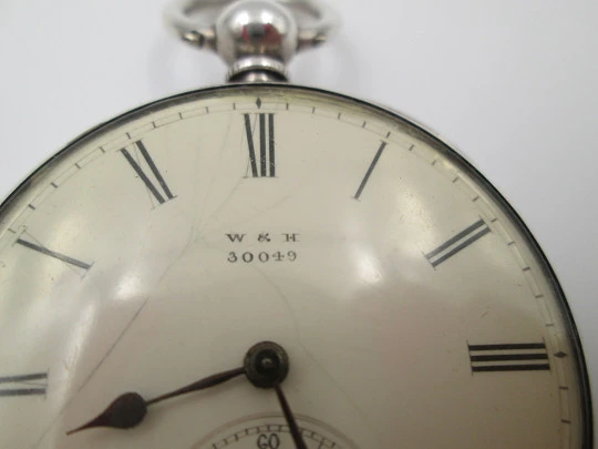 W&H open-faced pocket watch. Sterling silver. 30049 model. Keywind. Porcelain dial. 1880's