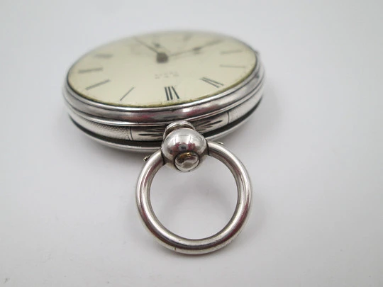 W&H open-faced pocket watch. Sterling silver. 30049 model. Keywind. Porcelain dial. 1880's