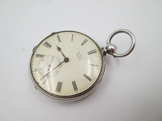 W&H open-faced pocket watch. Sterling silver. 30049 model. Keywind. Porcelain dial. 1880's
