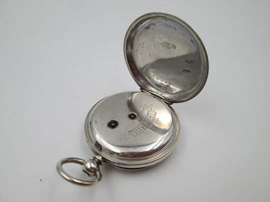 W&H open-faced pocket watch. Sterling silver. 30049 model. Keywind. Porcelain dial. 1880's