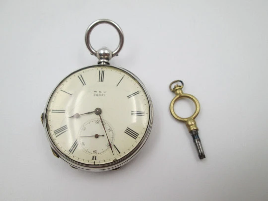 W&H open-faced pocket watch. Sterling silver. 30049 model. Keywind. Porcelain dial. 1880's