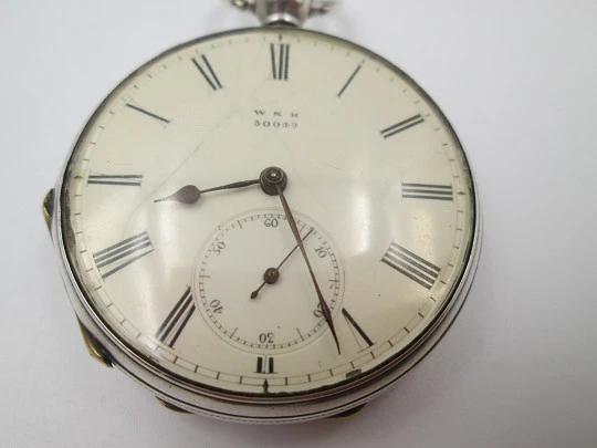 W&H open-faced pocket watch. Sterling silver. 30049 model. Keywind. Porcelain dial. 1880's