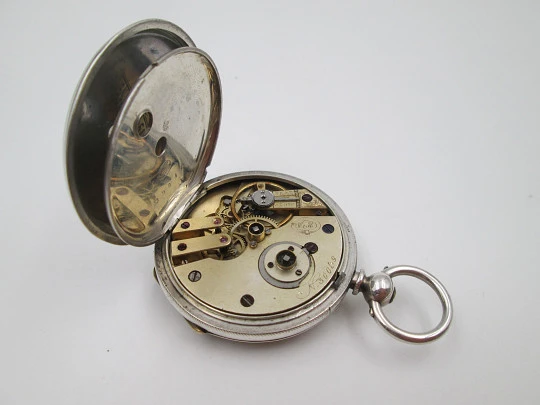 W&H open-faced pocket watch. Sterling silver. 30049 model. Keywind. Porcelain dial. 1880's