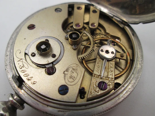 W&H open-faced pocket watch. Sterling silver. 30049 model. Keywind. Porcelain dial. 1880's
