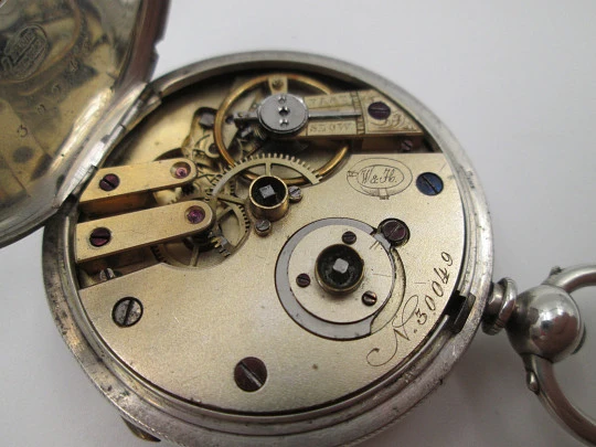W&H open-faced pocket watch. Sterling silver. 30049 model. Keywind. Porcelain dial. 1880's