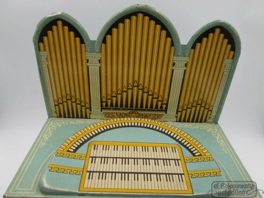 Wolverine crank organ toy. Lithographed tinplate. USA. 1950's