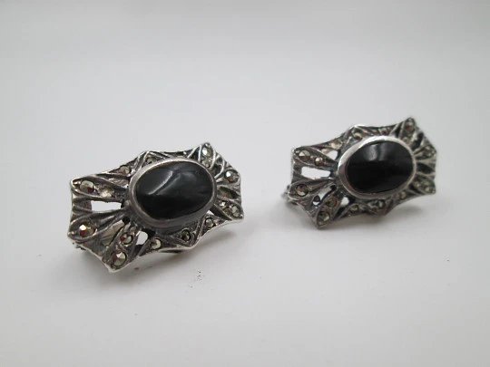 Women's art deco style earrings. Sterling silver. Marcasite and black stones. 1970's Women's art deco style earrings. Sterling silver. Marcasite and black stones. 1970's