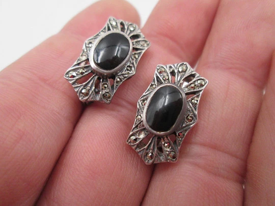 Women's art deco style earrings. Sterling silver. Marcasite and black stones. 1970's Women's art deco style earrings. Sterling silver. Marcasite and black stones. 1970's