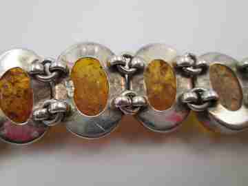 Women's articulated bracelet. Sterling silver & amber. Toggle clasp. 1980's