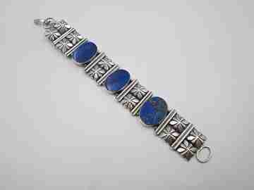 Women's articulated bracelet. Sterling silver & lapis lazuli. Floral motifs. 1980's
