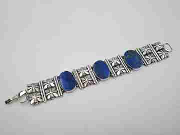 Women's articulated bracelet. Sterling silver & lapis lazuli. Floral motifs. 1980's